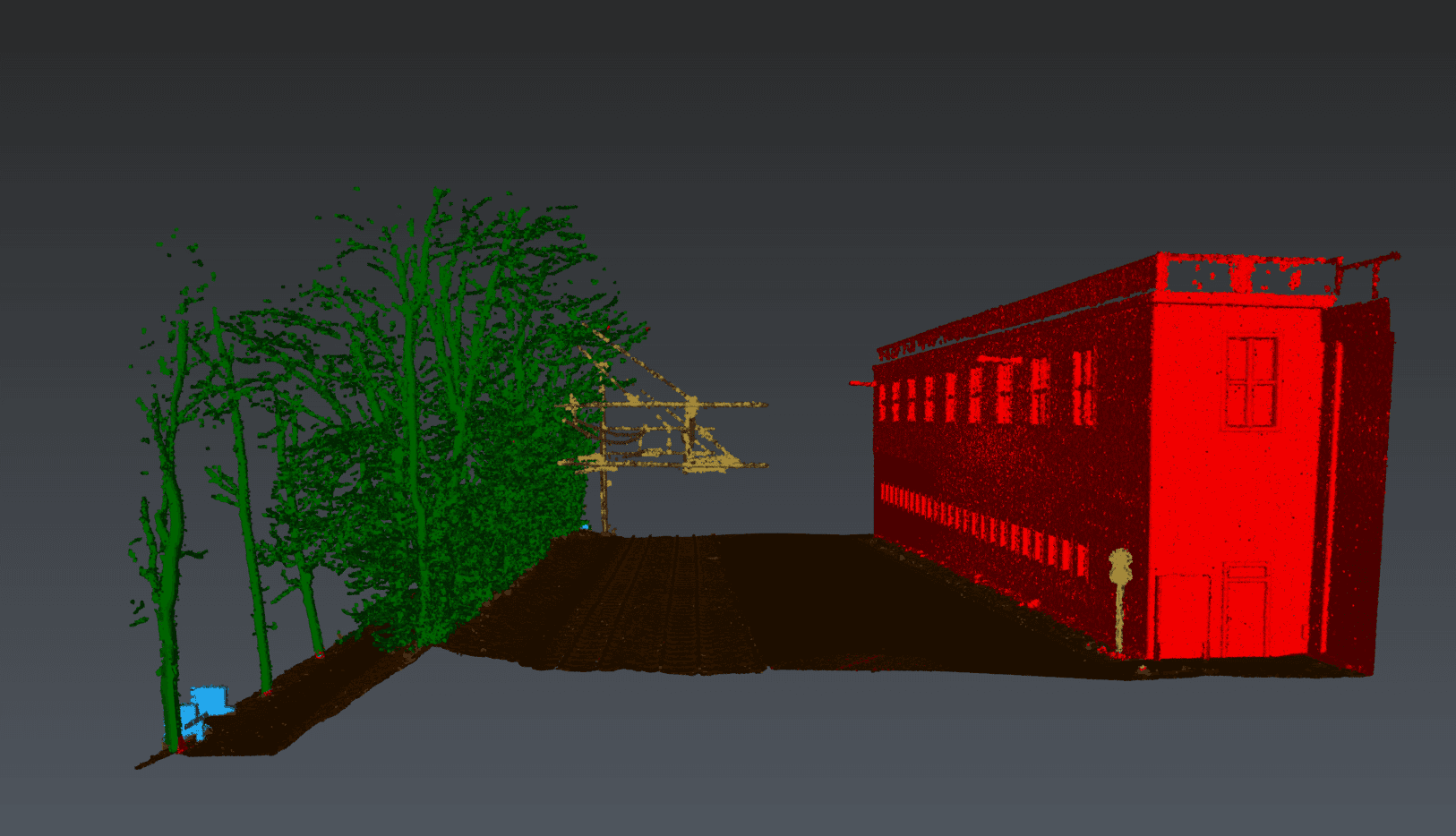 Classified point cloud with buildings, transport routes and vegetation separated by colour