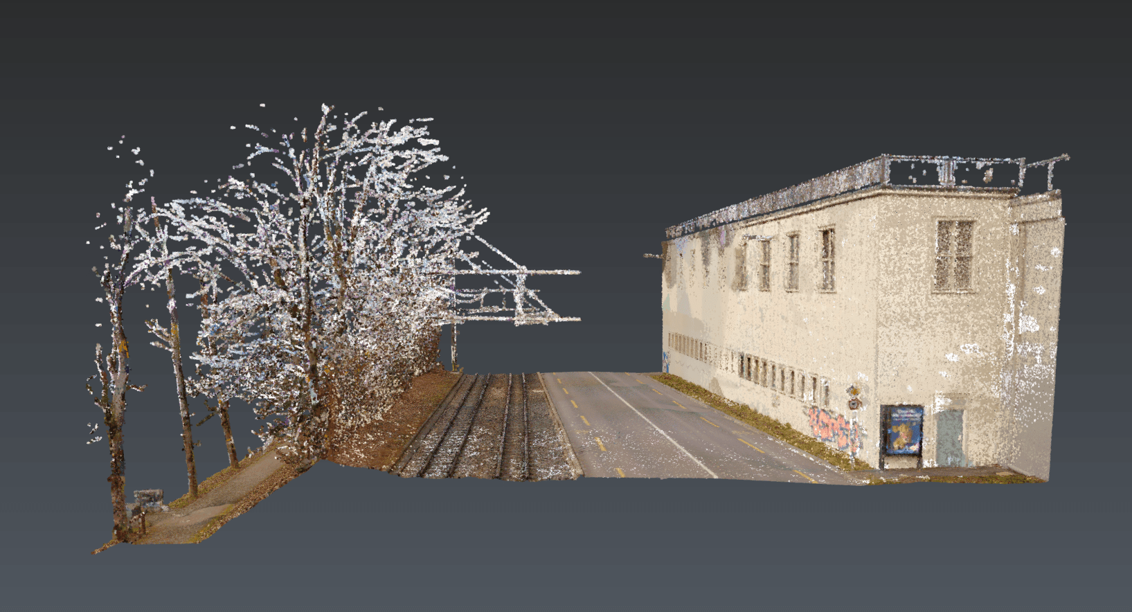 The same point cloud with a building, transport routes and vegetation after cleaning