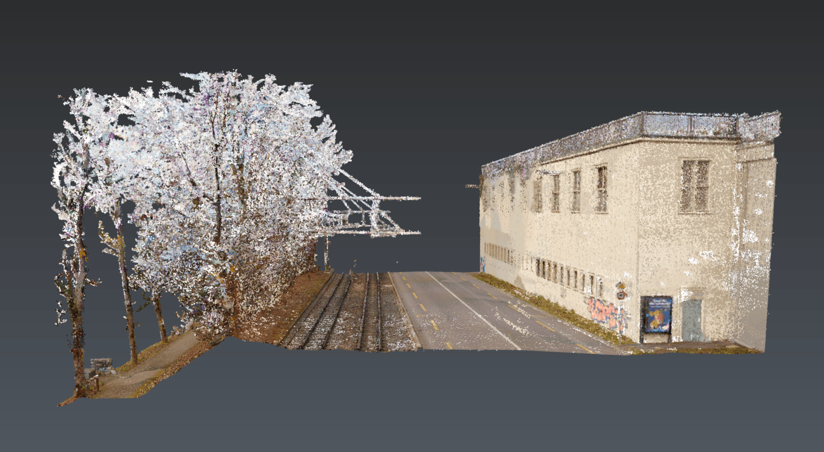 Unclassified point cloud with a building, transport routes and vegetation in natural colours