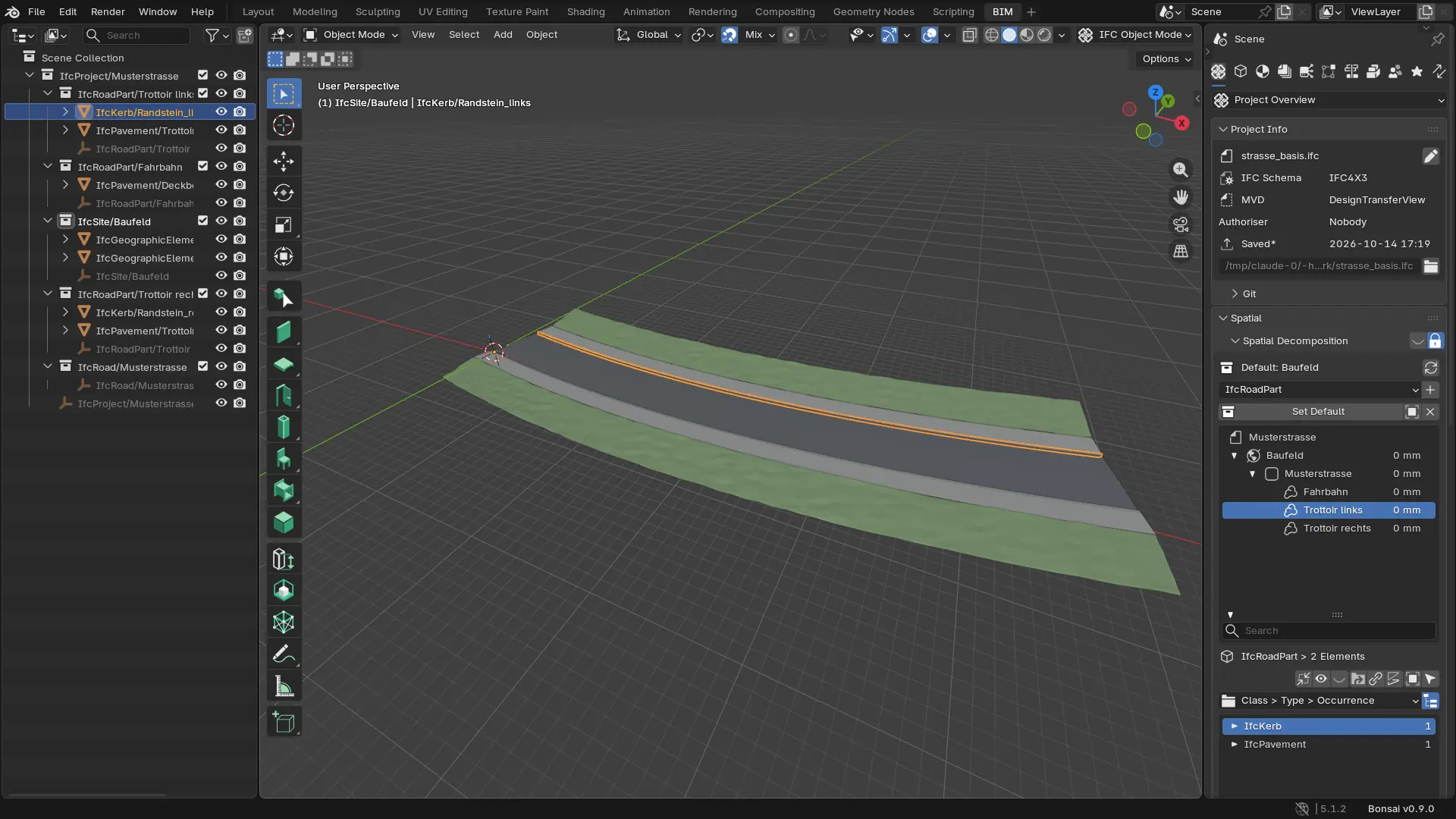 Screenshot aus Blender mit Bonsai: Strassenmodell mit IFC-Struktur aus IfcSite, IfcRoad und IfcRoadPart